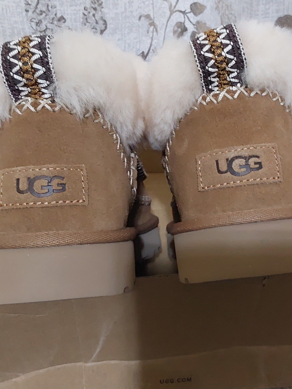 UGG Tan Suede Slipper Boots with Cream Shearling Cuff - Picture 10 of 15